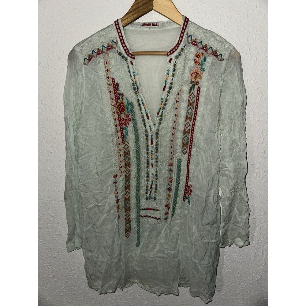 Johnny Was Sheer Mint Green Floral Embroidered Dragonfly Blouse Women’s Sz Med